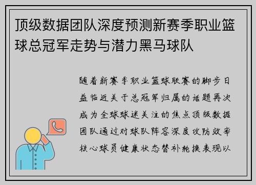 顶级数据团队深度预测新赛季职业篮球总冠军走势与潜力黑马球队